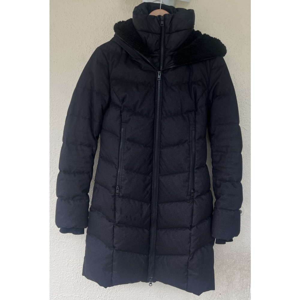 SOIA & KYO Small Black Hooded Down Parka 80/20 Fill Long Puffer Jacket Sherpa